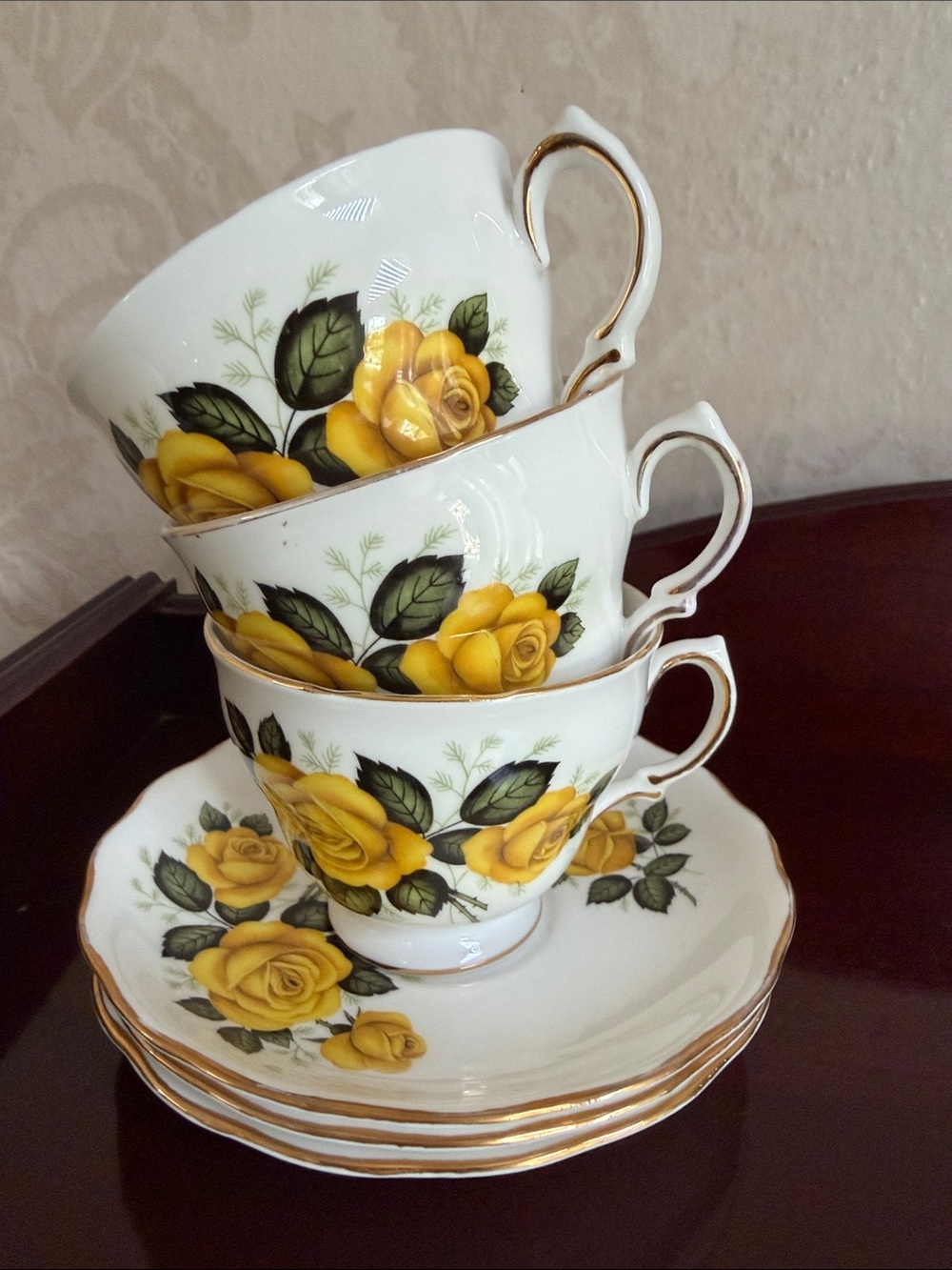 Set of 3 Vintage Royal Vale Yellow Rose Bone China Tea Cups and Saucers